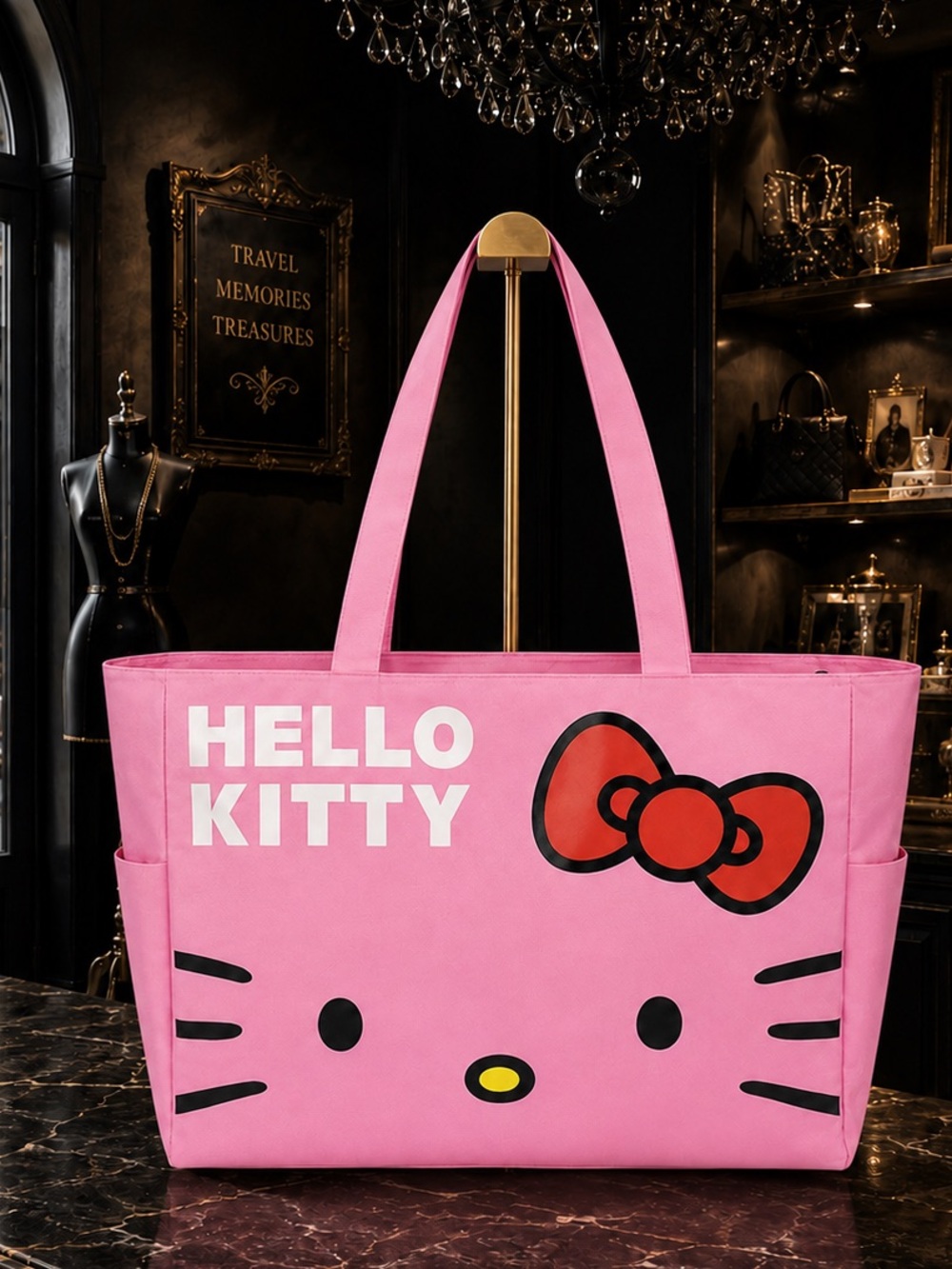 Hello Kitty Extra Large Canvas Tote Shoulder Bag Pink Black White NWT